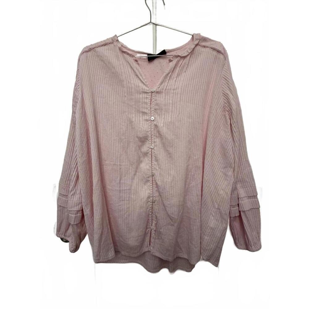Lane Bryant pink striped long-sleeve blouse with a v-neck and pleated detailing